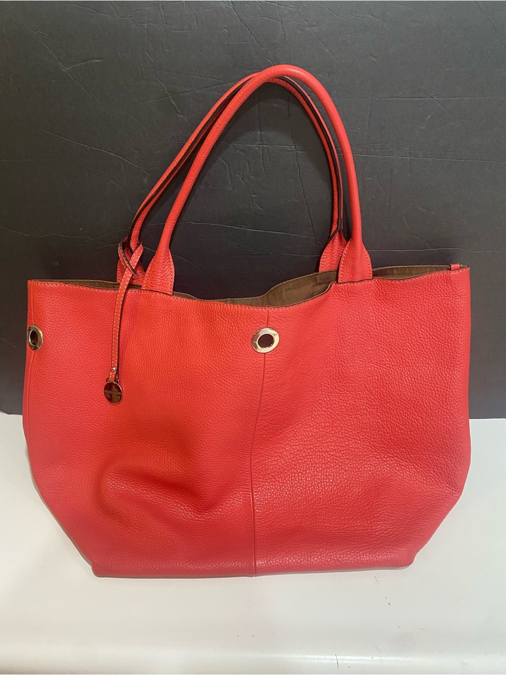 Rabeanco Alex Coral Pink Pebbled Leather Landscape Tote Shoulder Bag
